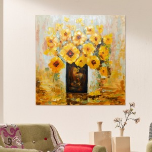 캔버스유화 노란꽃화병 F1686 80x80 거실 인테리어  풍수 돈들어오는그림